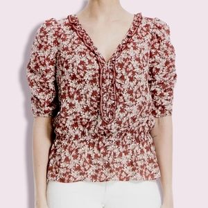 NEW Max Studio Red Floral Ruched Sleeve Ruffle Placket Blouse Size XL